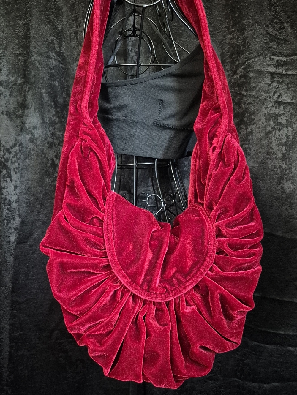 Velvet Ruched Shoulder Bag in Deep Wine Red